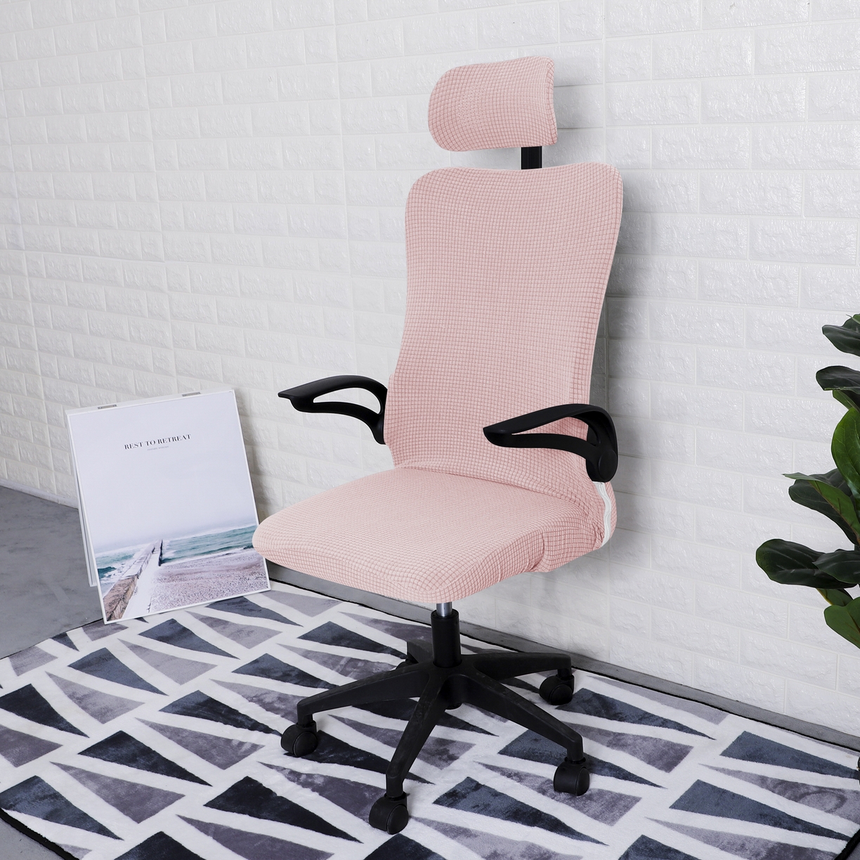 91家纺网 家纺一手货源 找家纺 壹零特色家纺 2025新款弹力玉米粒防水华夫格头枕椅套 豪华办公椅子套 藕粉