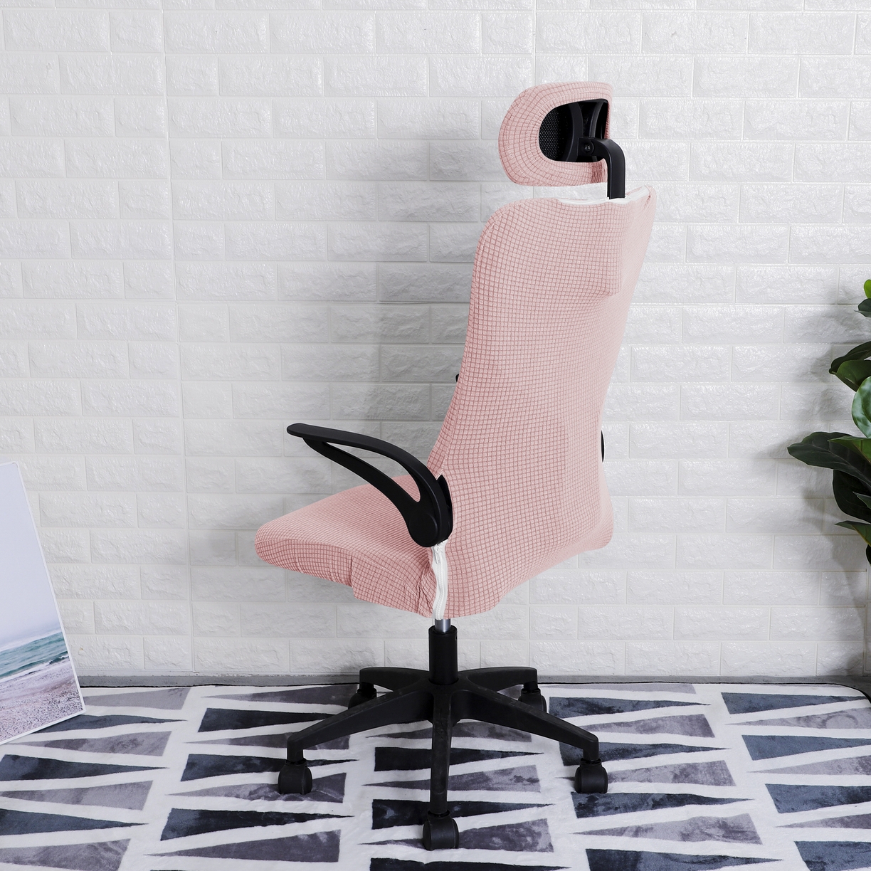 91家纺网 家纺一手货源 找家纺 壹零特色家纺 2025新款弹力玉米粒防水华夫格头枕椅套 豪华办公椅子套 藕粉