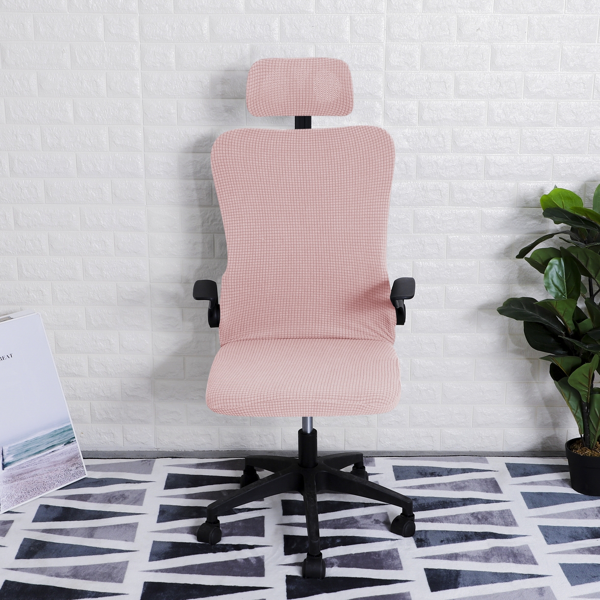 91家纺网 家纺一手货源 找家纺 壹零特色家纺 2025新款弹力玉米粒防水华夫格头枕椅套 豪华办公椅子套 藕粉