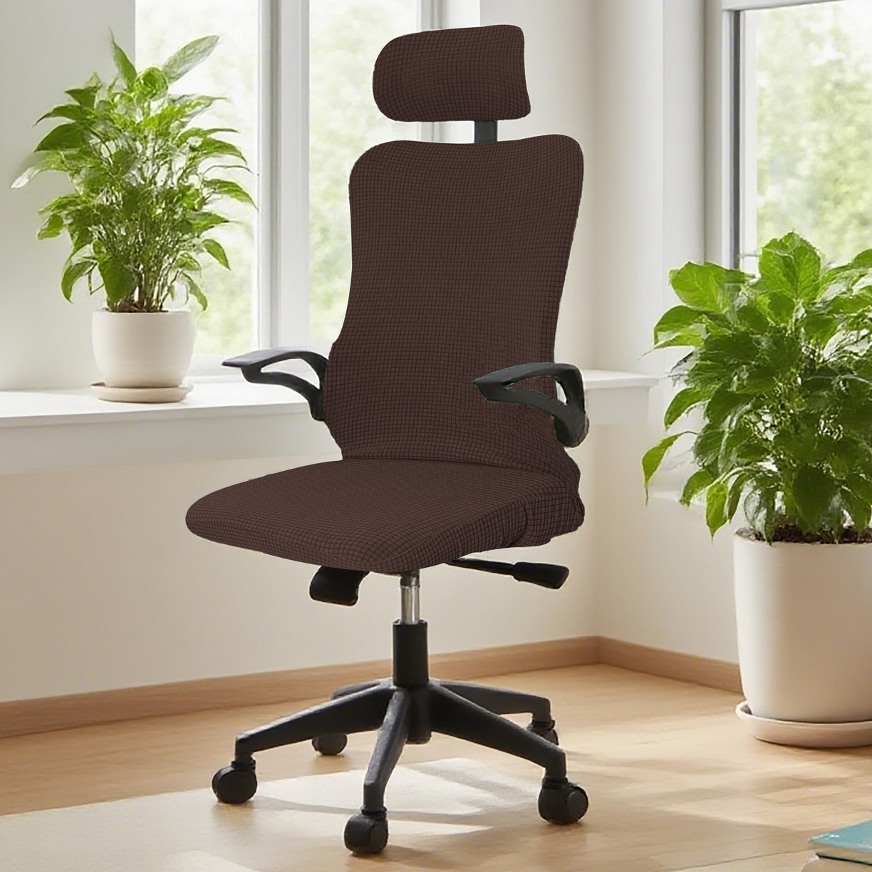 91家纺网 家纺一手货源 找家纺 壹零特色家纺 2025新款弹力玉米粒防水华夫格头枕椅套 豪华办公椅子套 褐色