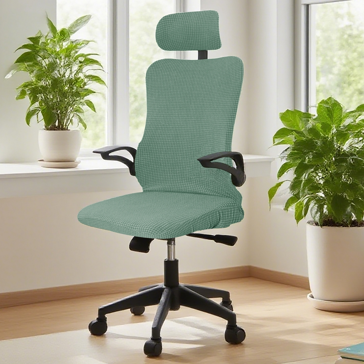 壹零特色家纺 2025新款弹力玉米粒防水华夫格头枕椅套 豪华办公椅子套 军绿