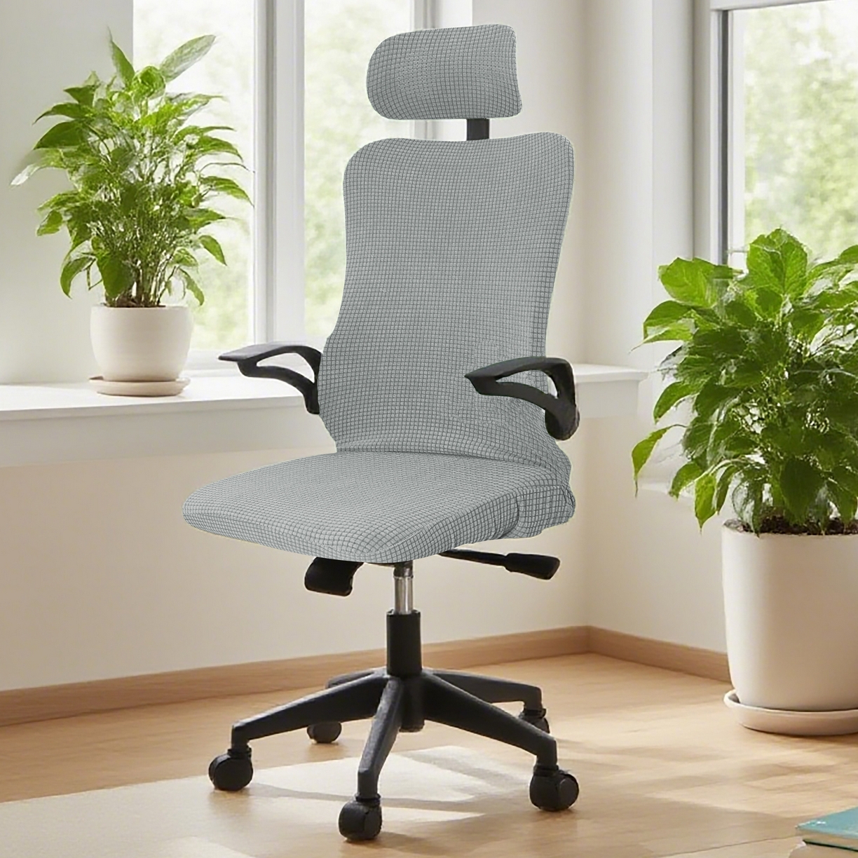 91家纺网 家纺一手货源 找家纺 壹零特色家纺 2025新款弹力玉米粒防水华夫格头枕椅套 豪华办公椅子套 浅灰