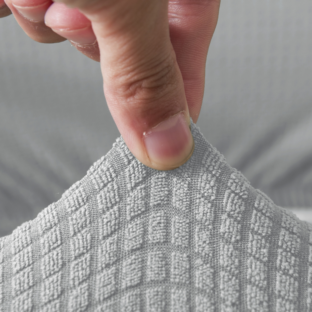 91家纺网 家纺一手货源 找家纺 壹零特色家纺 2025新款弹力玉米粒防水华夫格头枕椅套 豪华办公椅子套 浅灰