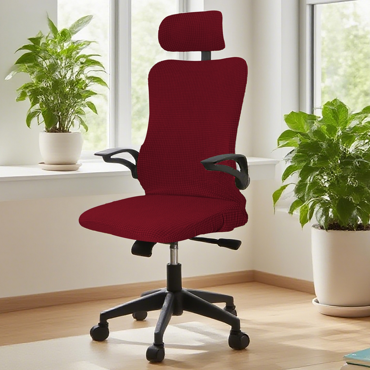 91家纺网 家纺一手货源 找家纺 壹零特色家纺 2025新款弹力玉米粒防水华夫格头枕椅套 豪华办公椅子套 酒红