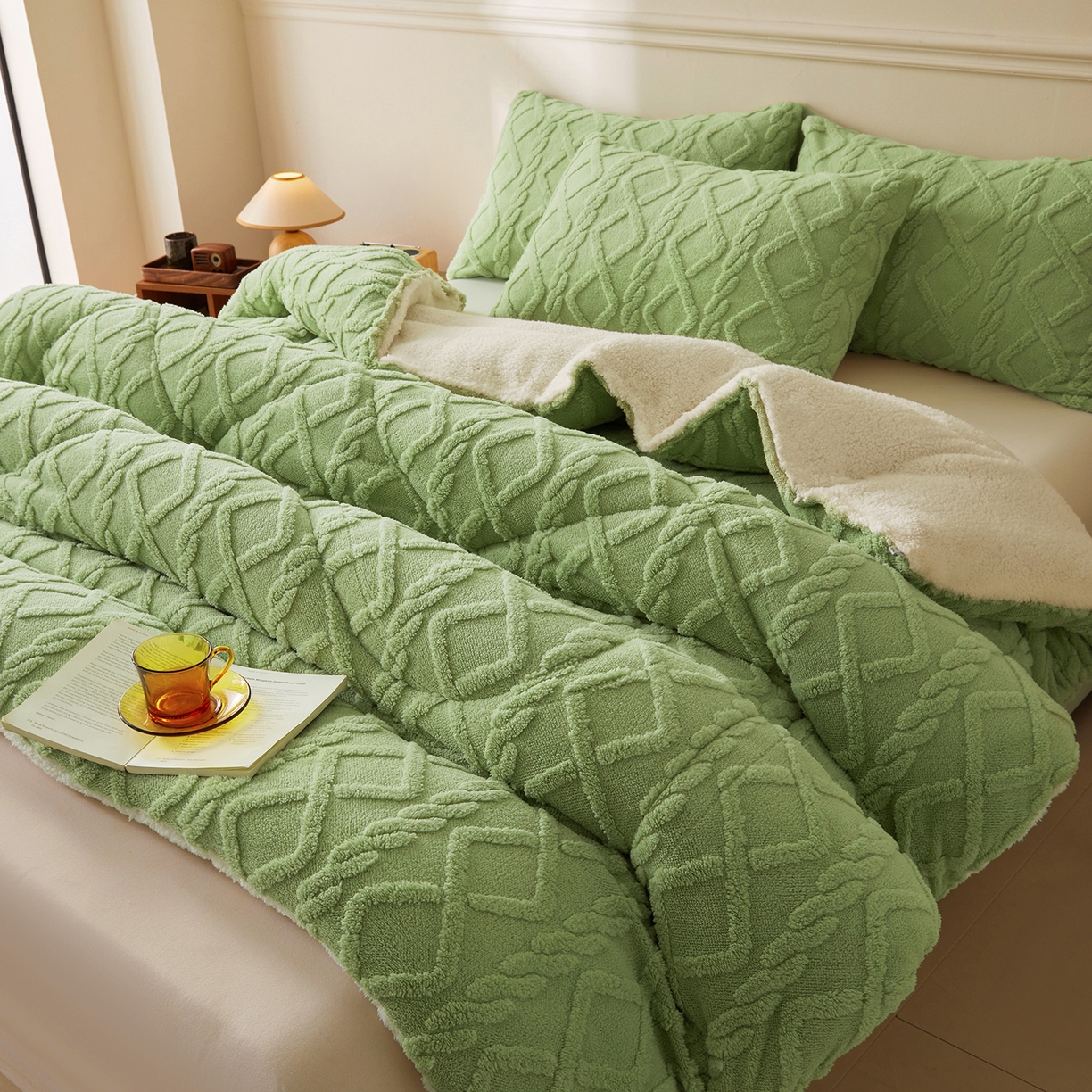 91家纺网 家纺一手货源 找家纺 晓时候 2025新款塔芙绒冬被羊羔绒北极绒加厚被子被芯 果绿