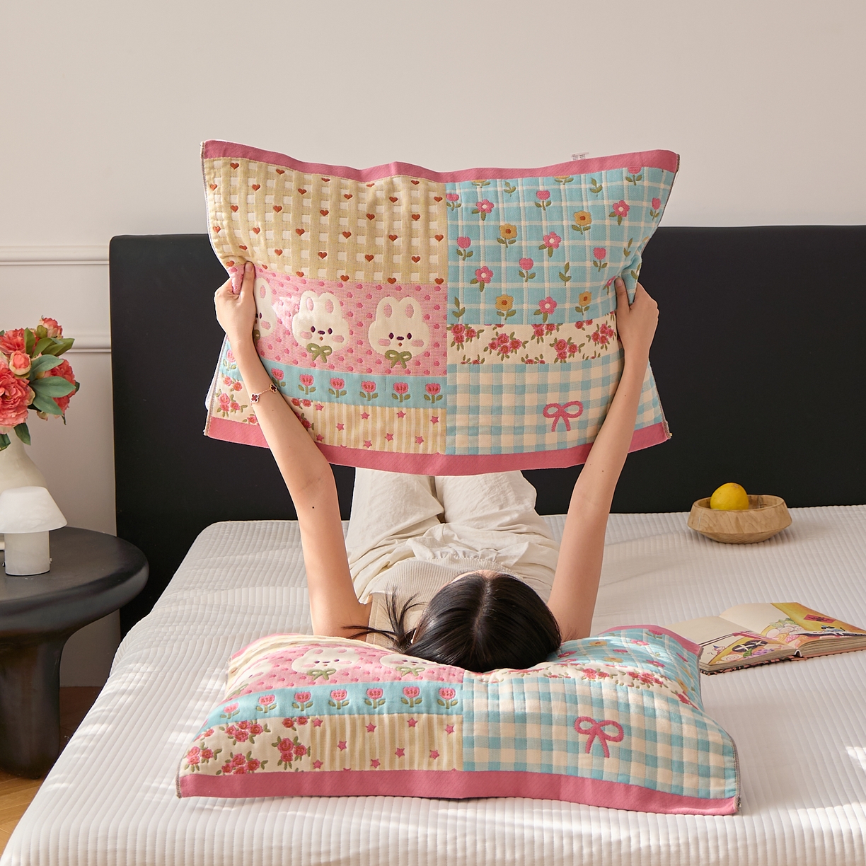 沐瑟家纺 2025新款纯棉纱布枕巾八层枕巾-發 小花兔