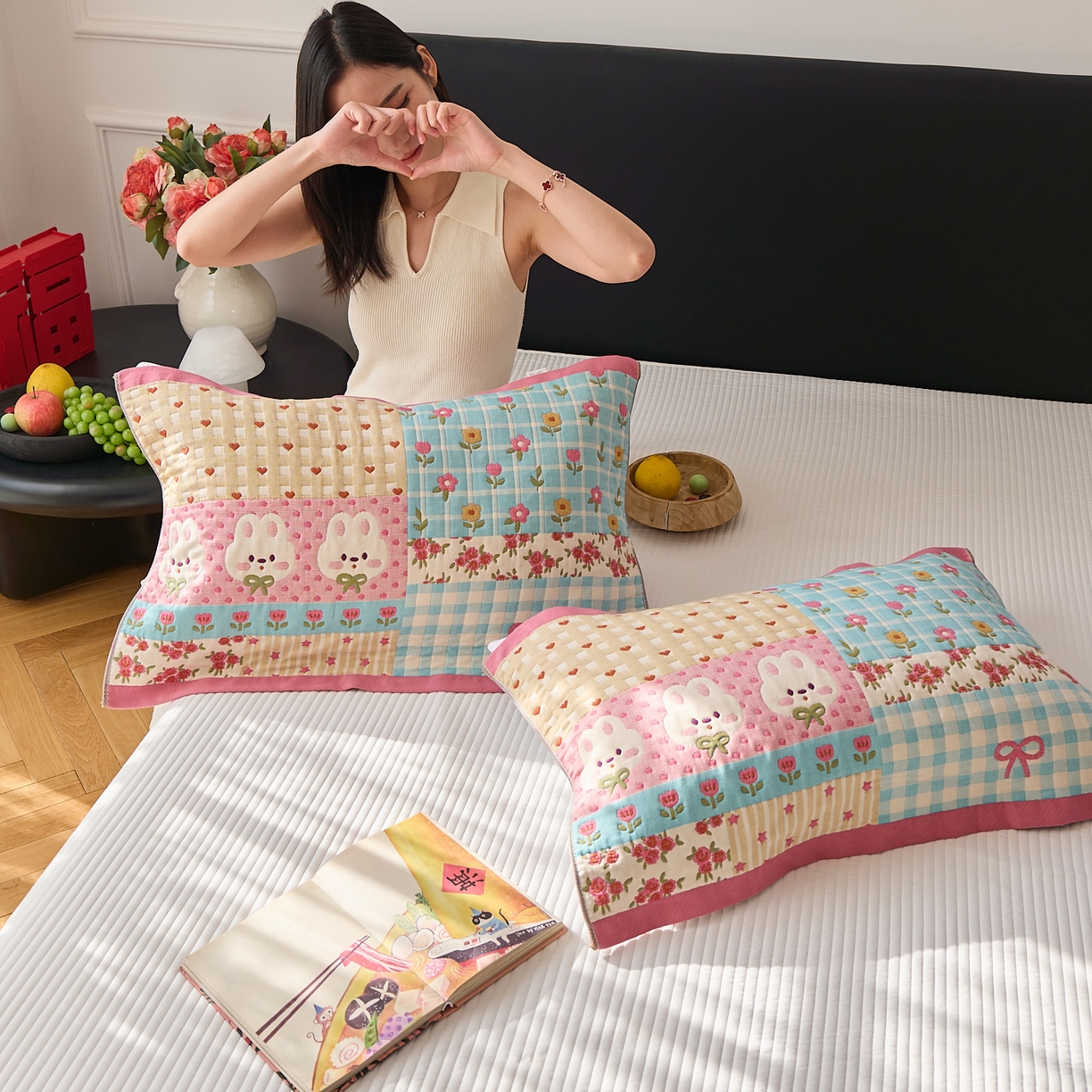 91家纺网 家纺一手货源 找家纺 沐瑟家纺 2025新款纯棉纱布枕巾八层枕巾-發 小花兔