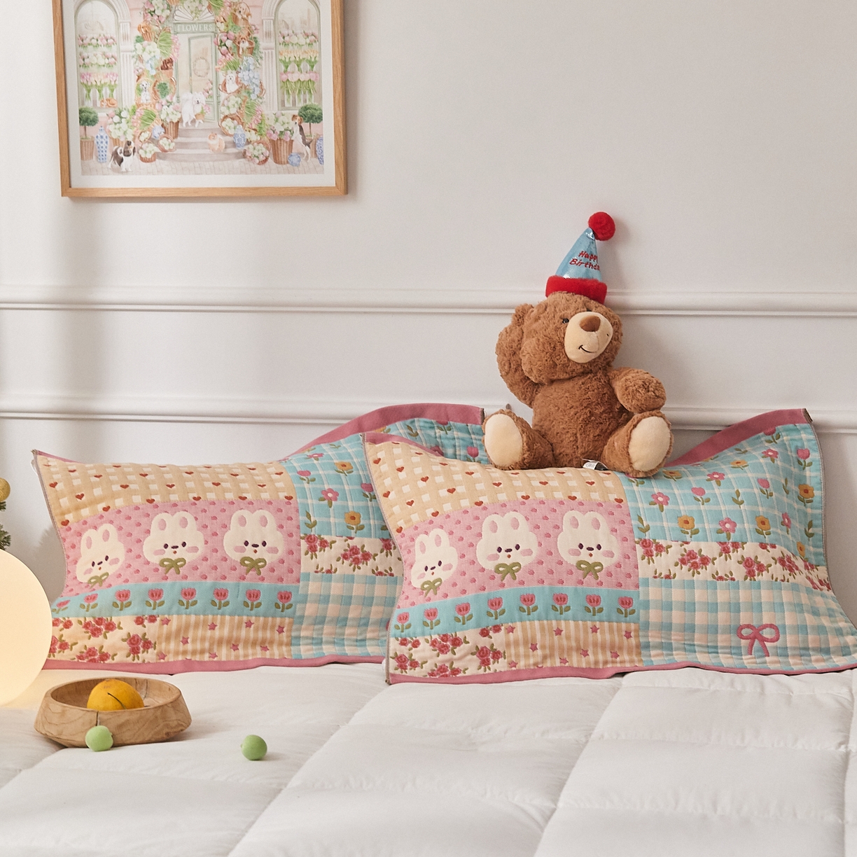 91家纺网 家纺一手货源 找家纺 沐瑟家纺 2025新款纯棉纱布枕巾八层枕巾-發 小花兔