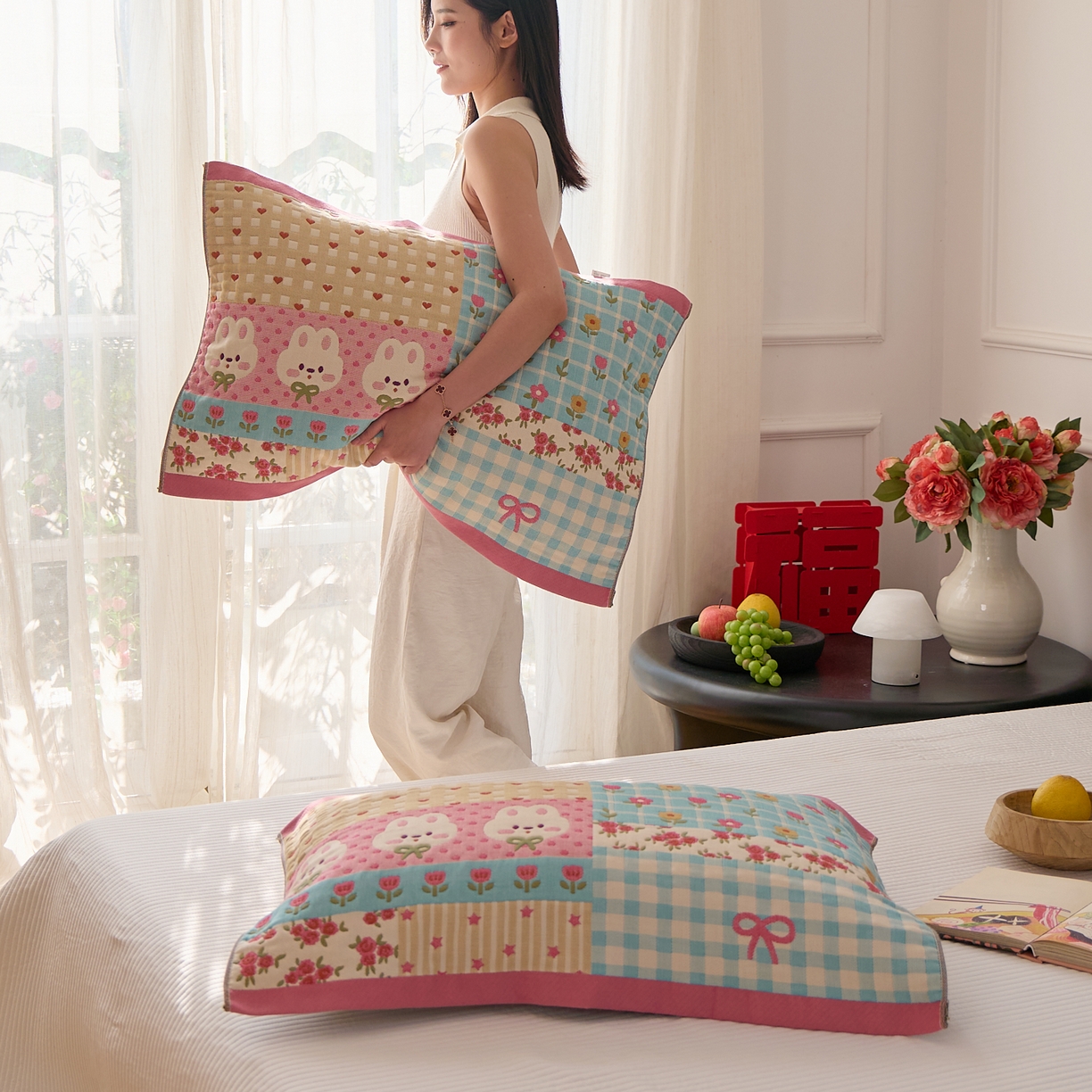 91家纺网 家纺一手货源 找家纺 沐瑟家纺 2025新款纯棉纱布枕巾八层枕巾-發 小花兔