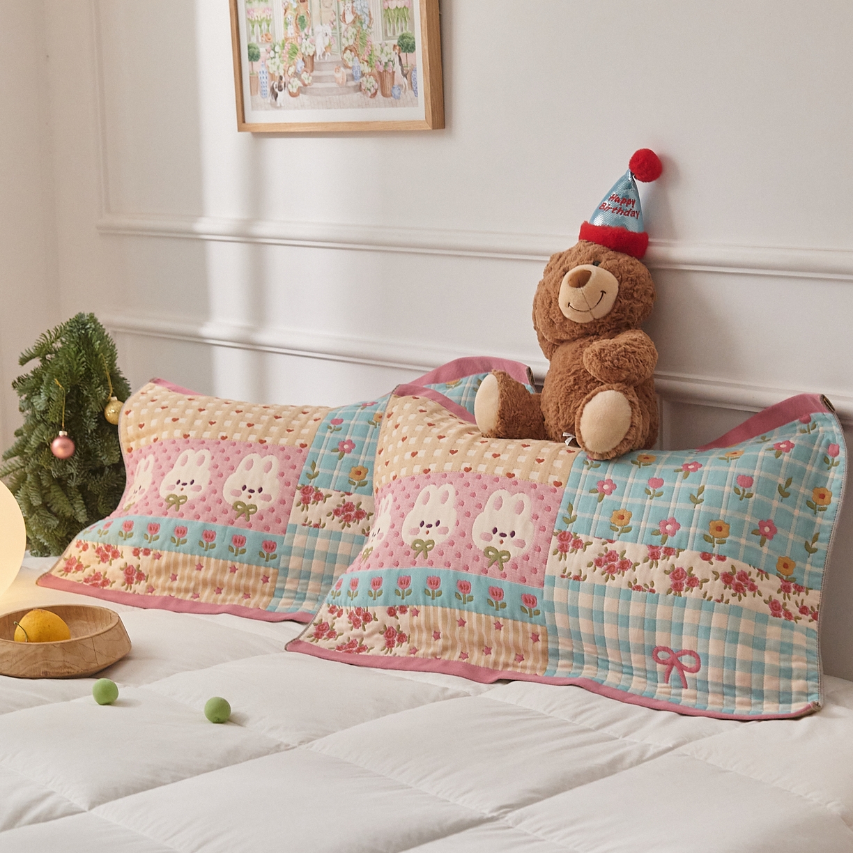 91家纺网 家纺一手货源 找家纺 沐瑟家纺 2025新款纯棉纱布枕巾八层枕巾-發 小花兔