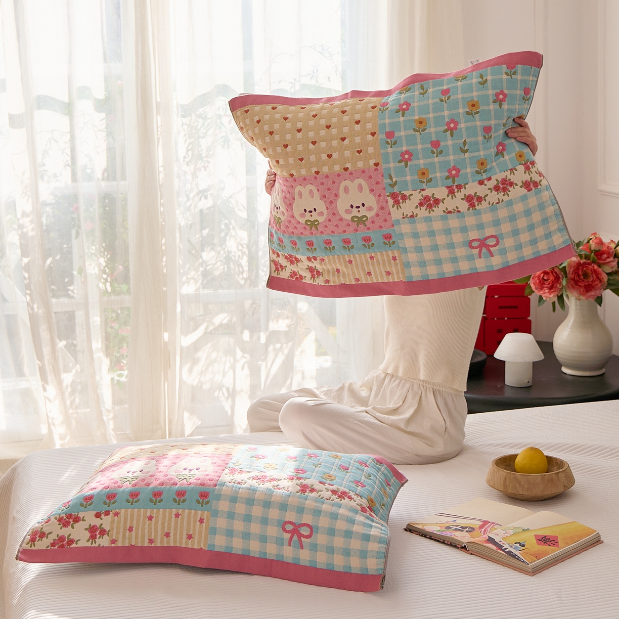 91家纺网 家纺一手货源 找家纺 沐瑟家纺 2025新款纯棉纱布枕巾八层枕巾-發 小花兔