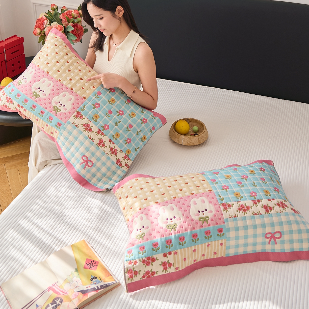 91家纺网 家纺一手货源 找家纺 沐瑟家纺 2025新款纯棉纱布枕巾八层枕巾-發 小花兔