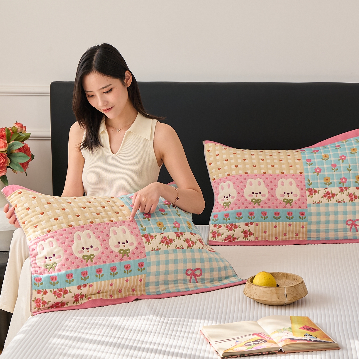 91家纺网 家纺一手货源 找家纺 沐瑟家纺 2025新款纯棉纱布枕巾八层枕巾-發 小花兔