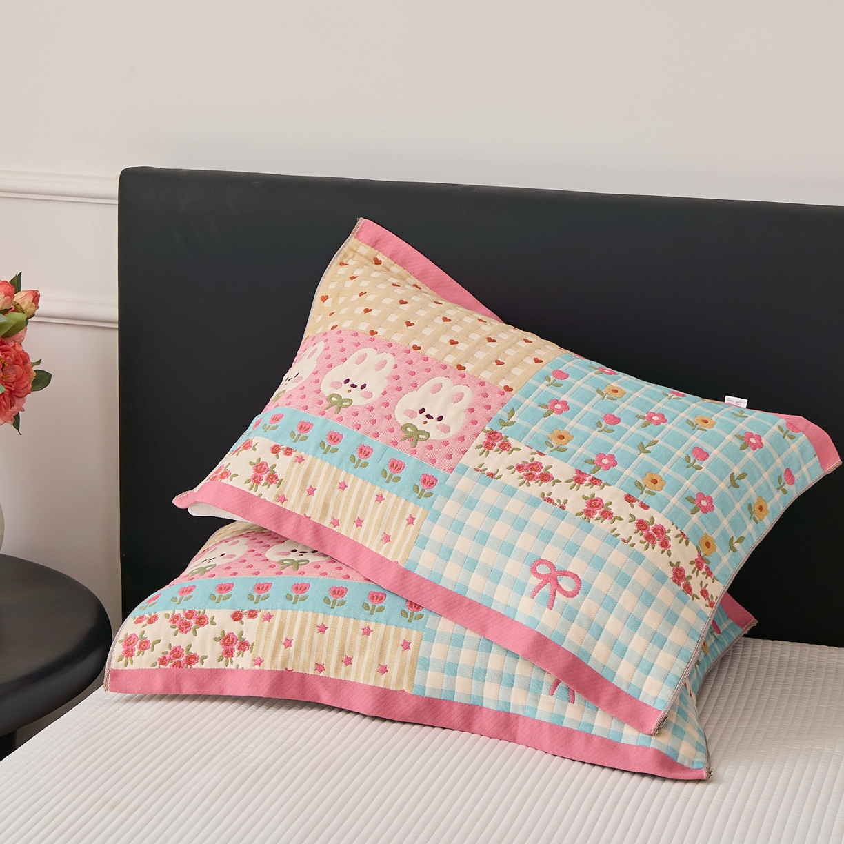 91家纺网 家纺一手货源 找家纺 沐瑟家纺 2025新款纯棉纱布枕巾八层枕巾-發 小花兔