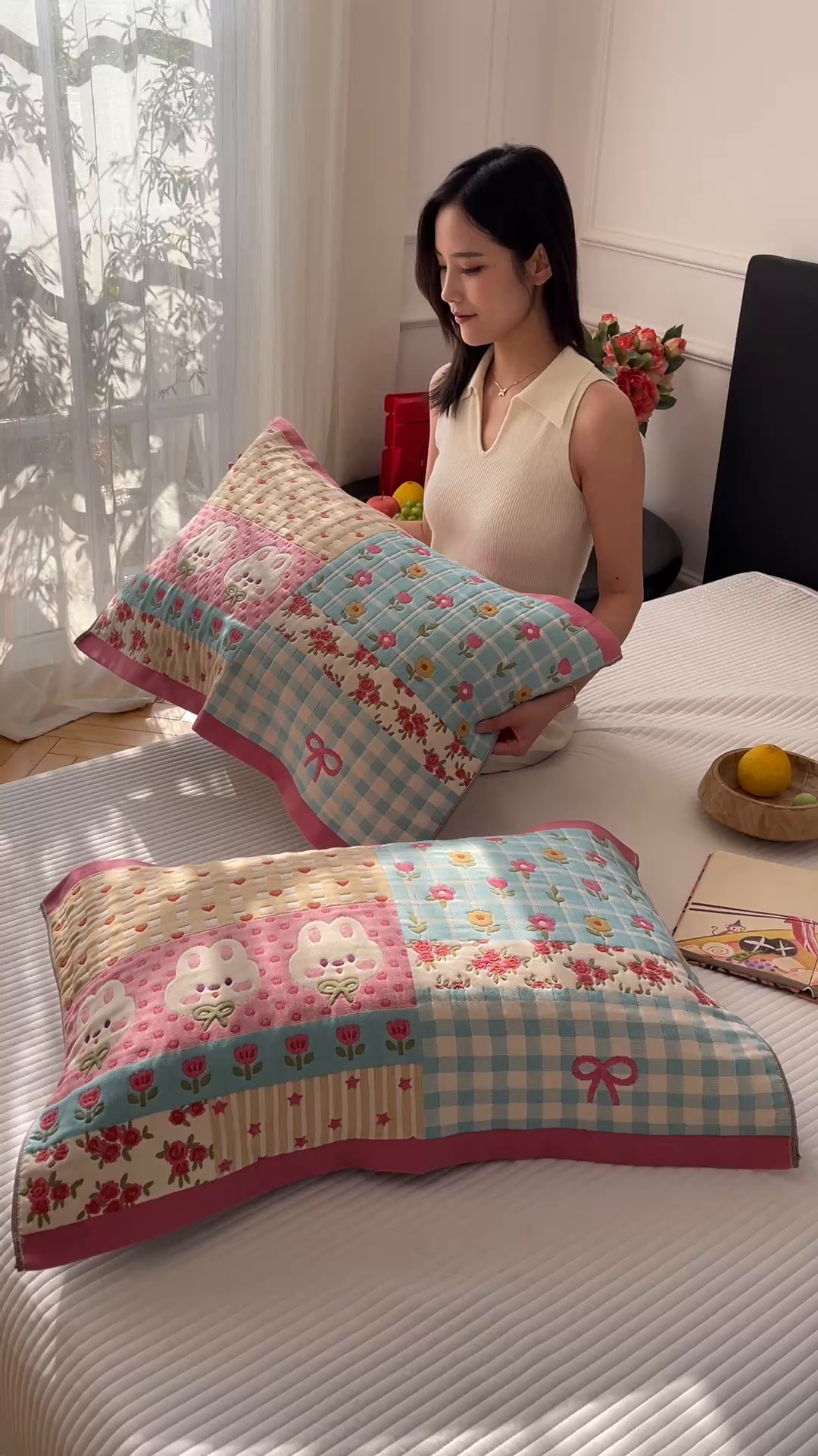 91家纺网 家纺一手货源 找家纺 沐瑟家纺 2025新款纯棉纱布枕巾八层枕巾-發 小花兔