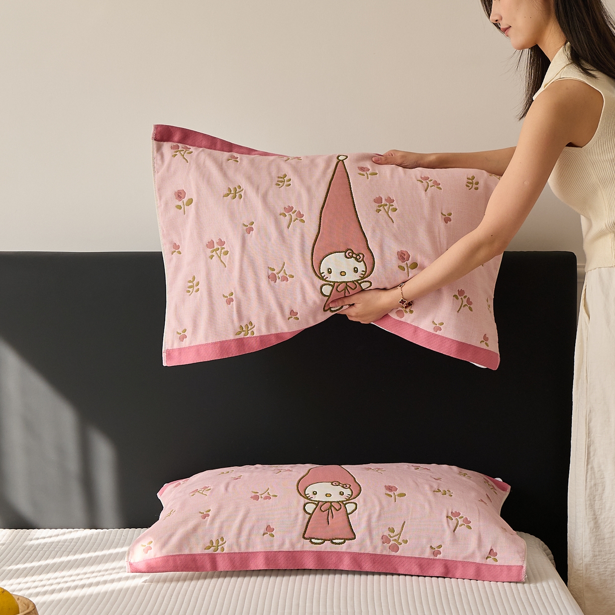 91家纺网 家纺一手货源 找家纺 沐瑟家纺 2025新款纯棉纱布枕巾八层枕巾-發 花香凯蒂