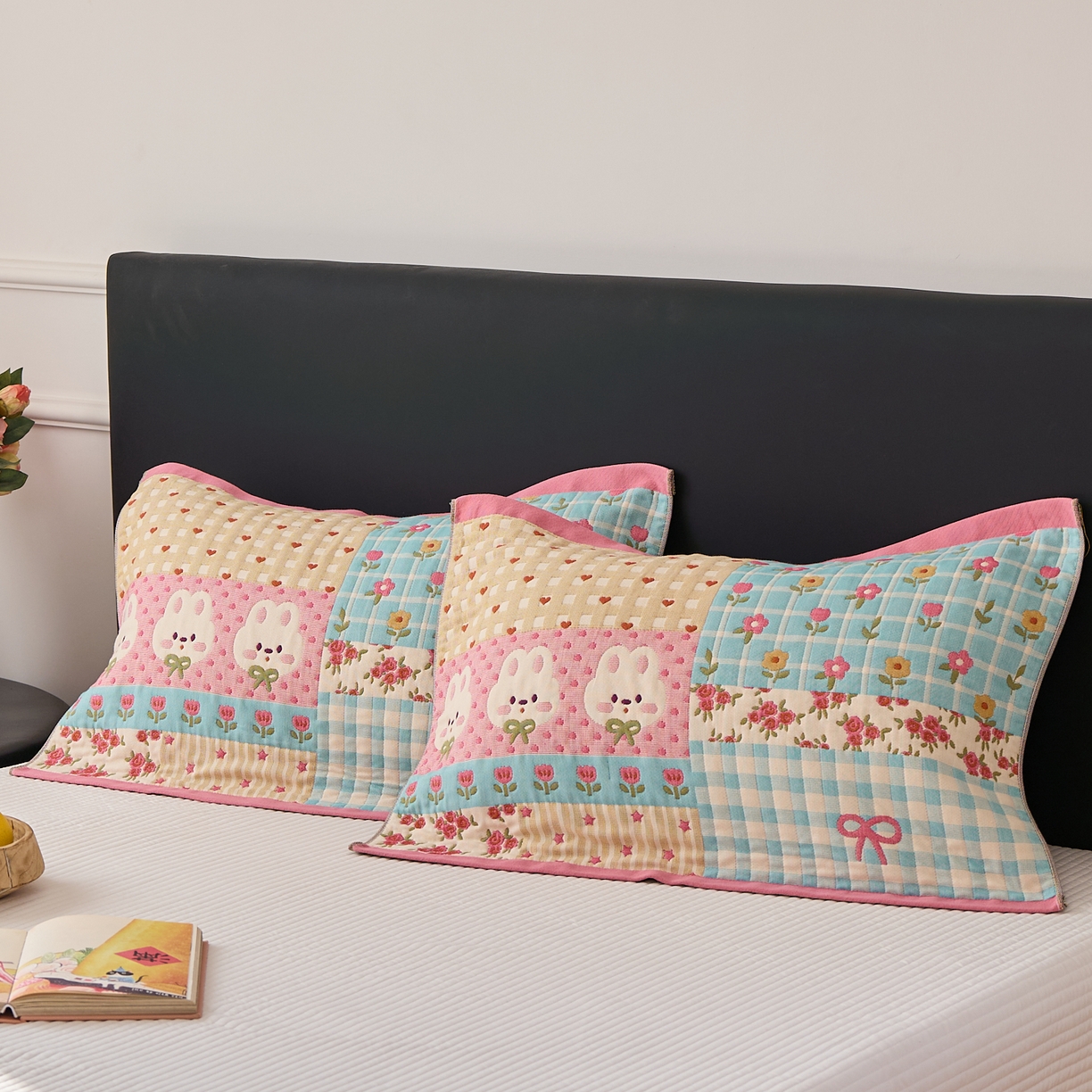 91家纺网 家纺一手货源 找家纺 沐瑟家纺 2025新款纯棉纱布枕巾八层枕巾-發 小花兔