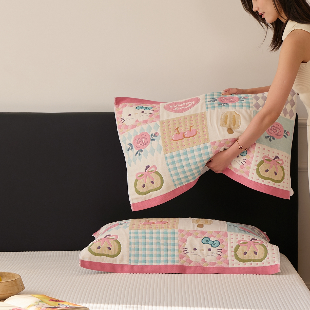 91家纺网 家纺一手货源 找家纺 沐瑟家纺 2025新款纯棉纱布枕巾八层枕巾-發 方格猫