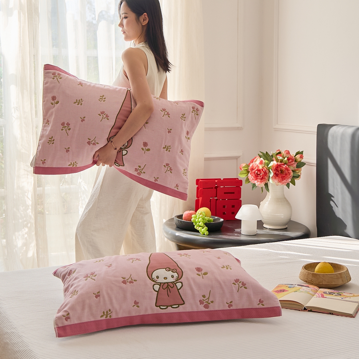 91家纺网 家纺一手货源 找家纺 沐瑟家纺 2025新款纯棉纱布枕巾八层枕巾-發 花香凯蒂