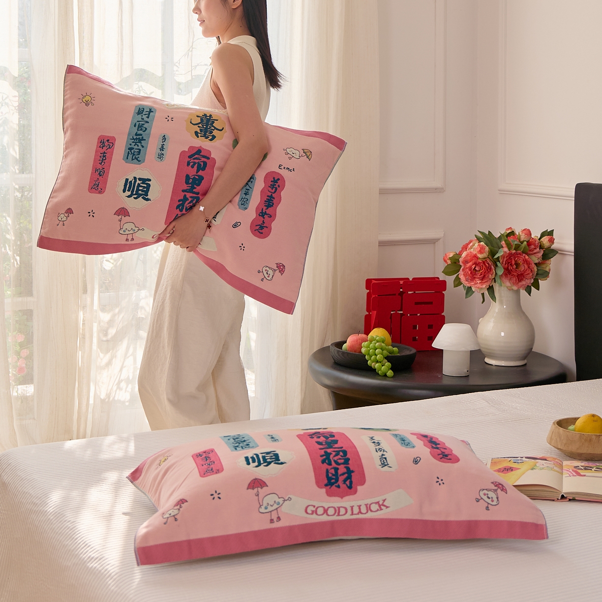 91家纺网 家纺一手货源 找家纺 沐瑟家纺 2025新款纯棉纱布枕巾八层枕巾-發 命里招财