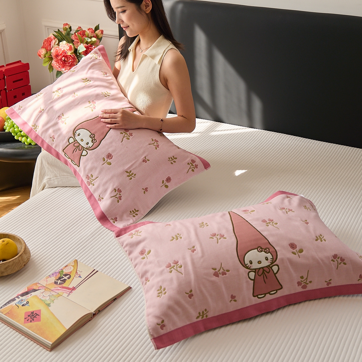 91家纺网 家纺一手货源 找家纺 沐瑟家纺 2025新款纯棉纱布枕巾八层枕巾-發 花香凯蒂