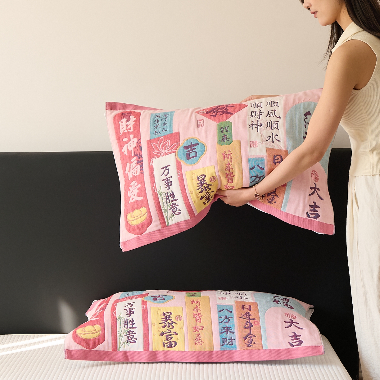 91家纺网 家纺一手货源 找家纺 沐瑟家纺 2025新款纯棉纱布枕巾八层枕巾-發 暴富