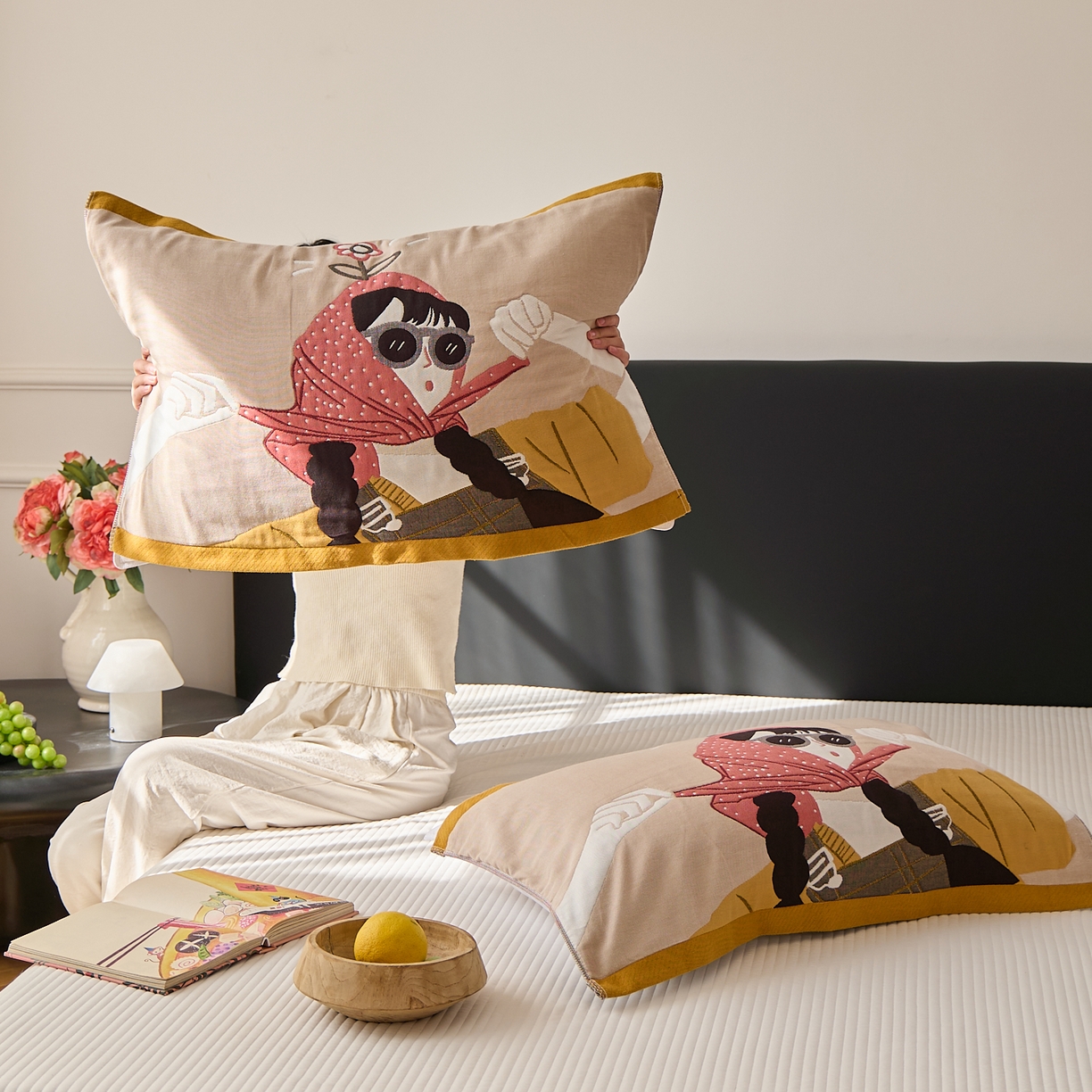 91家纺网 家纺一手货源 找家纺 沐瑟家纺 2025新款纯棉纱布枕巾八层枕巾-發 模特女