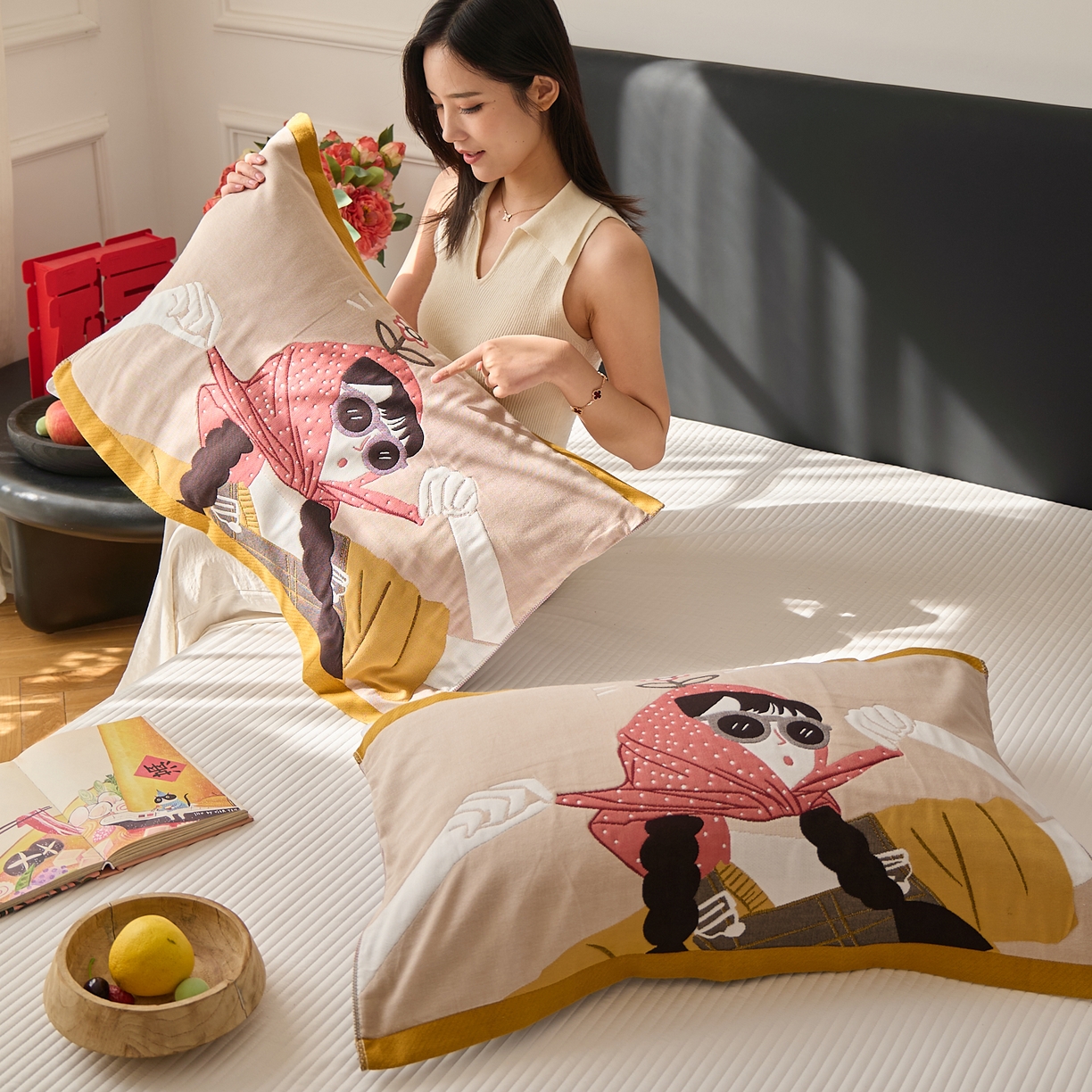 91家纺网 家纺一手货源 找家纺 沐瑟家纺 2025新款纯棉纱布枕巾八层枕巾-發 模特女