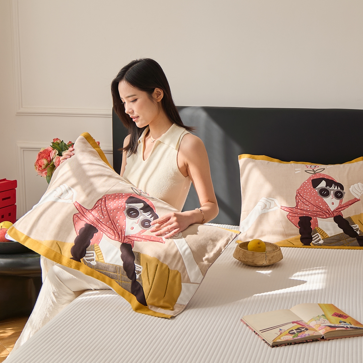 91家纺网 家纺一手货源 找家纺 沐瑟家纺 2025新款纯棉纱布枕巾八层枕巾-發 模特女