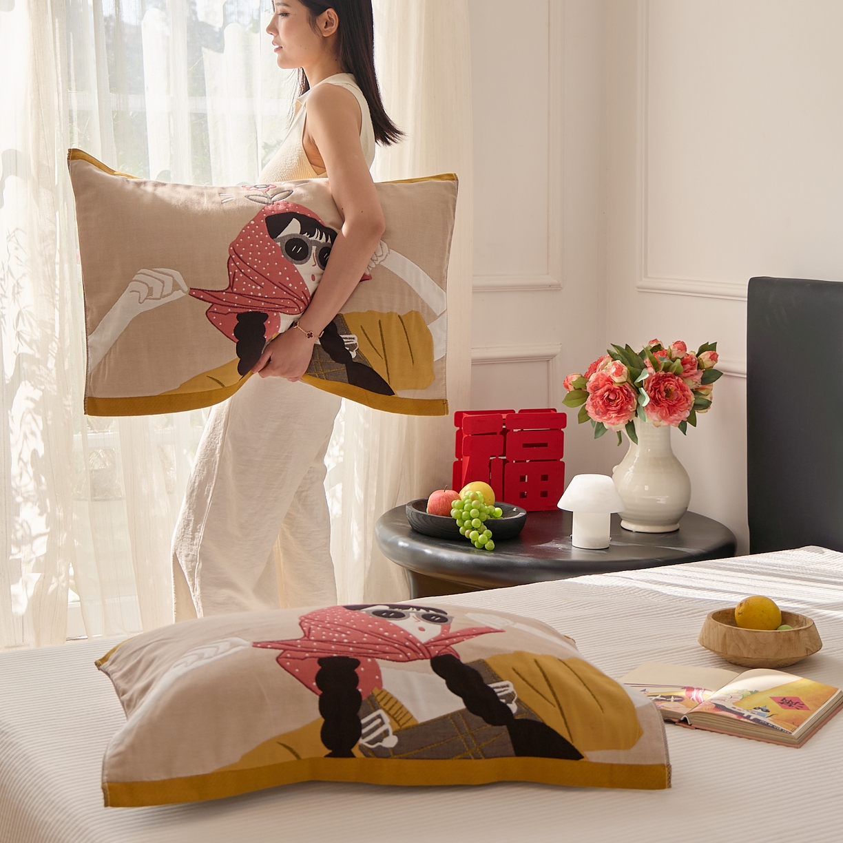 91家纺网 家纺一手货源 找家纺 沐瑟家纺 2025新款纯棉纱布枕巾八层枕巾-發 模特女