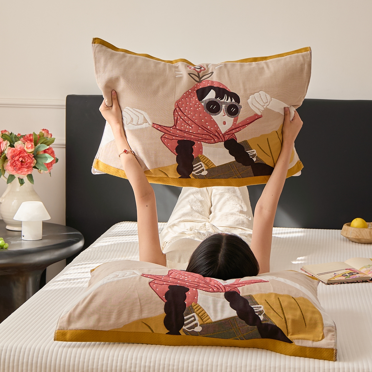 沐瑟家纺 2025新款纯棉纱布枕巾八层枕巾-發 模特女