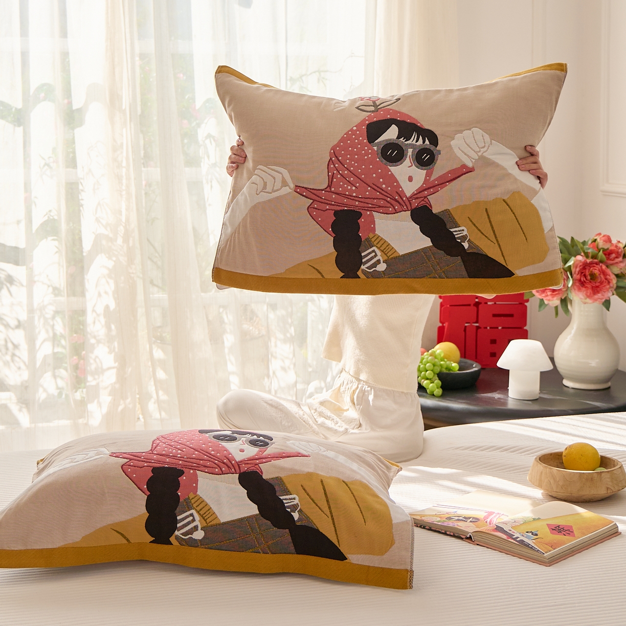 91家纺网 家纺一手货源 找家纺 沐瑟家纺 2025新款纯棉纱布枕巾八层枕巾-發 模特女