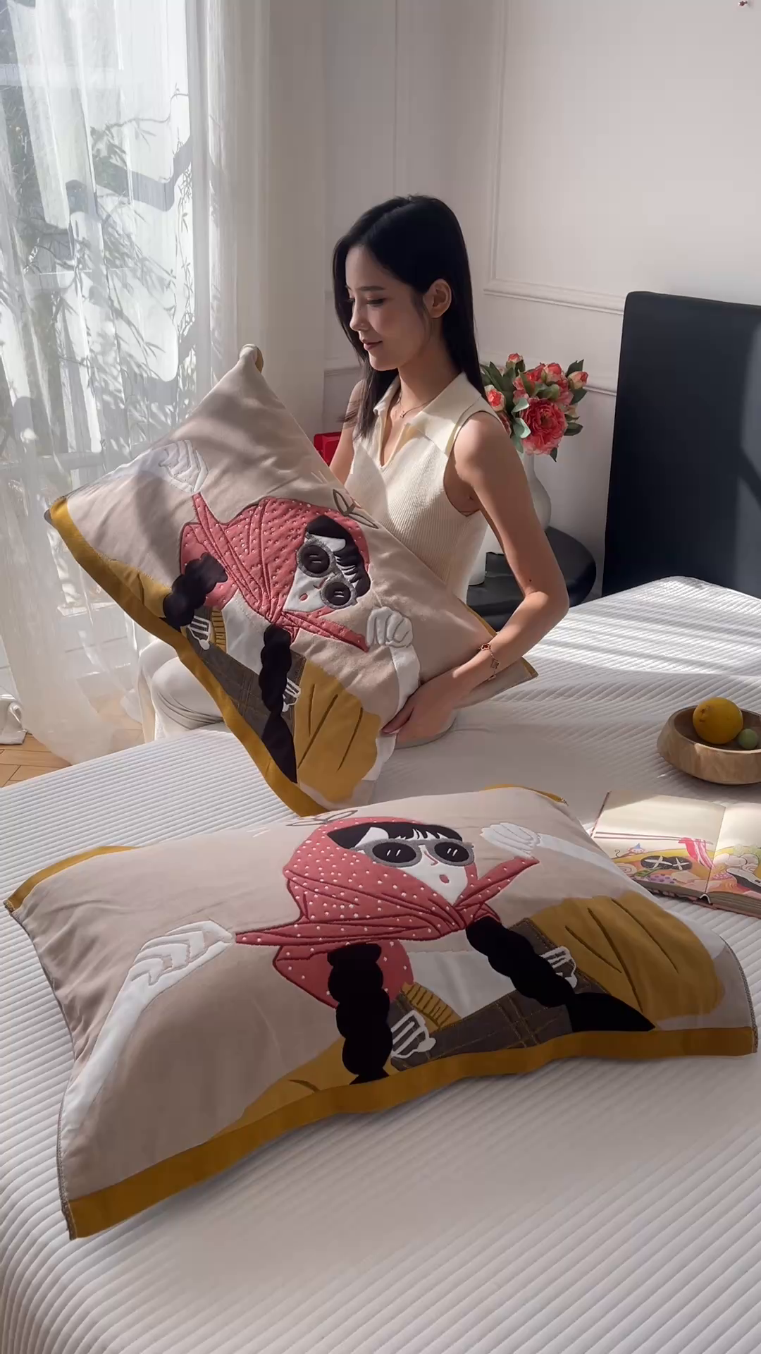 91家纺网 家纺一手货源 找家纺 沐瑟家纺 2025新款纯棉纱布枕巾八层枕巾-發 模特女