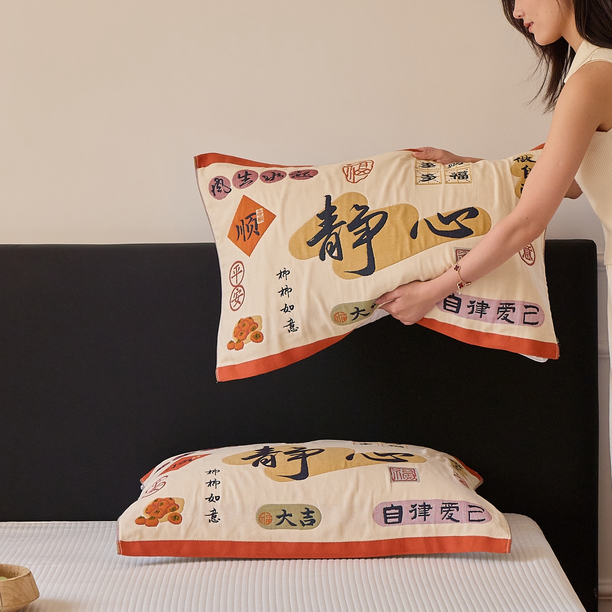 91家纺网 家纺一手货源 找家纺 沐瑟家纺 2025新款纯棉纱布枕巾八层枕巾-發 静心