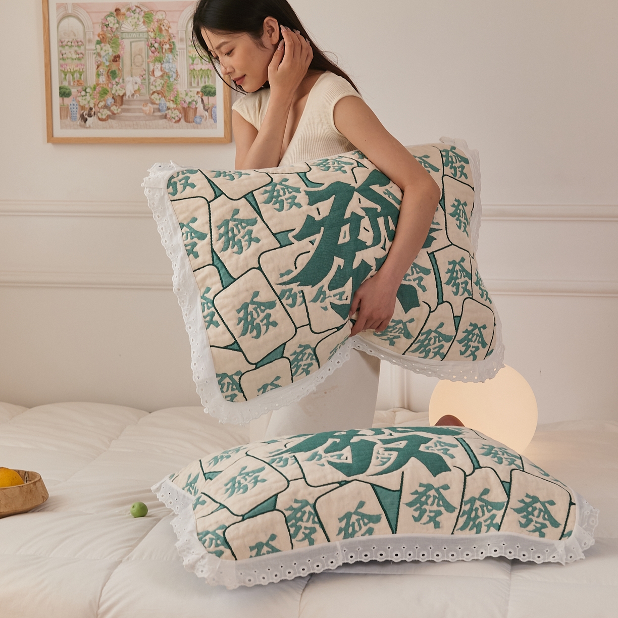 91家纺网 家纺一手货源 找家纺 沐瑟家纺 2025新款花边枕巾 发财-绿