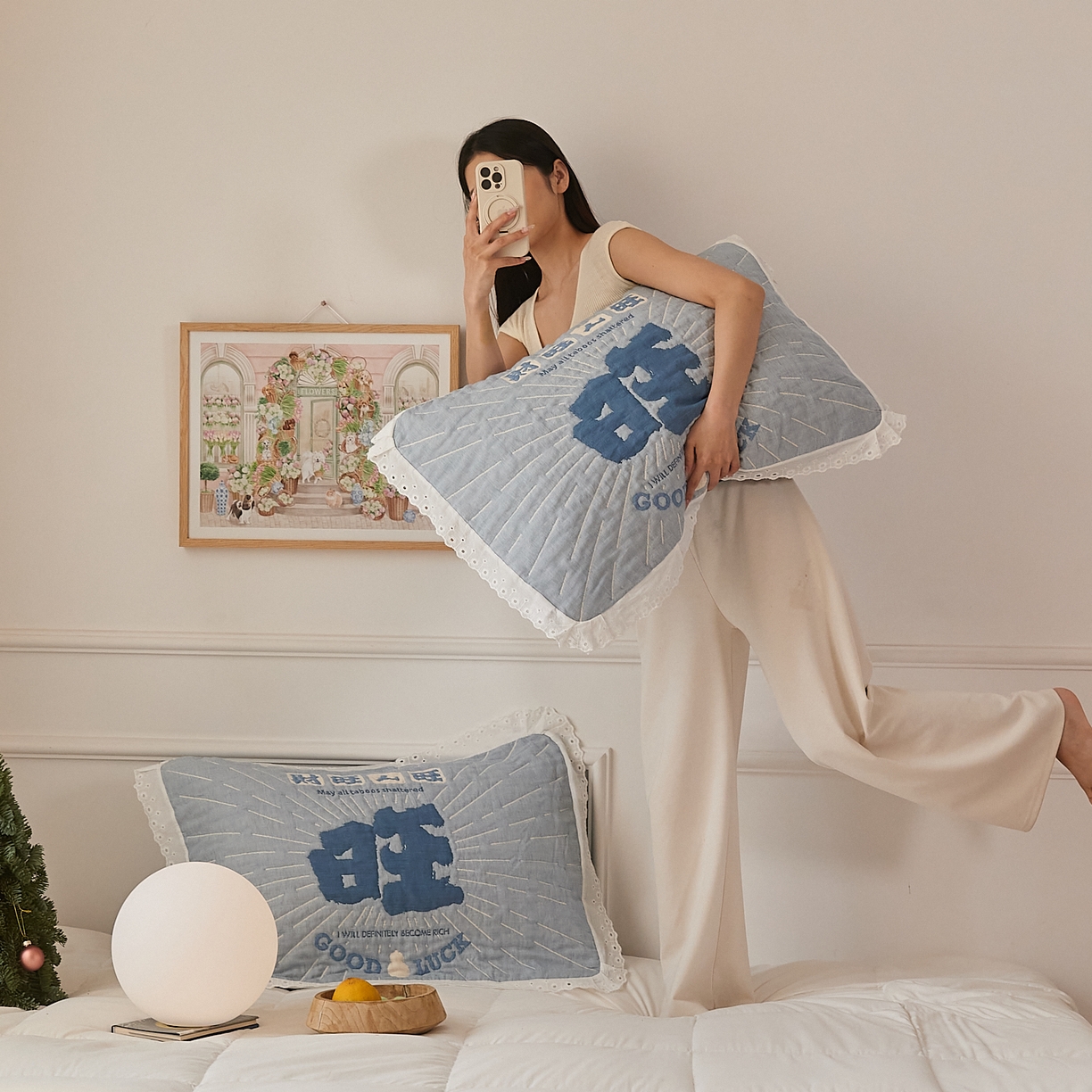 沐瑟家纺 2025新款花边枕巾 旺旺蓝