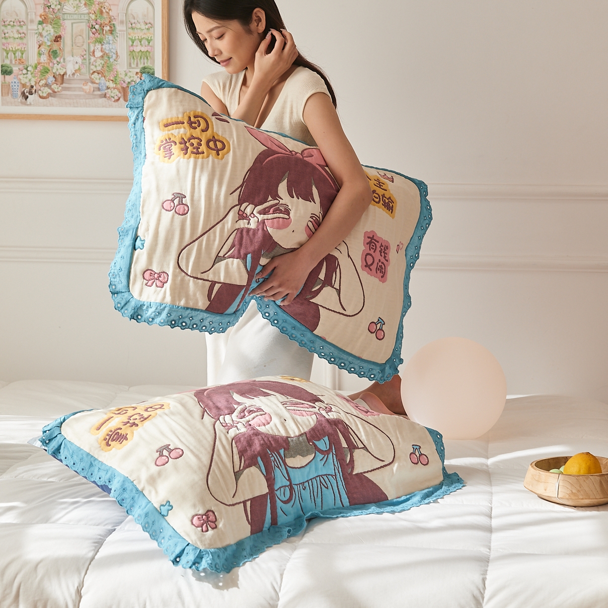 91家纺网 家纺一手货源 找家纺 沐瑟家纺 2025新款花边枕巾 阳光公主