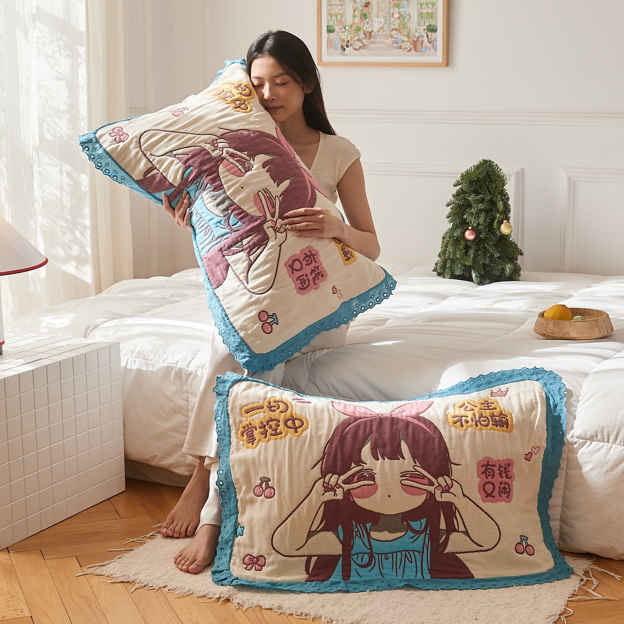 91家纺网 家纺一手货源 找家纺 沐瑟家纺 2025新款花边枕巾 阳光公主