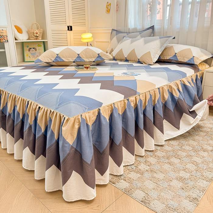 91家纺网 家纺一手货源 找家纺 名优家纺 2026新款12868全棉小清新印花四件套单品系列-床裙三件套 几何飞船