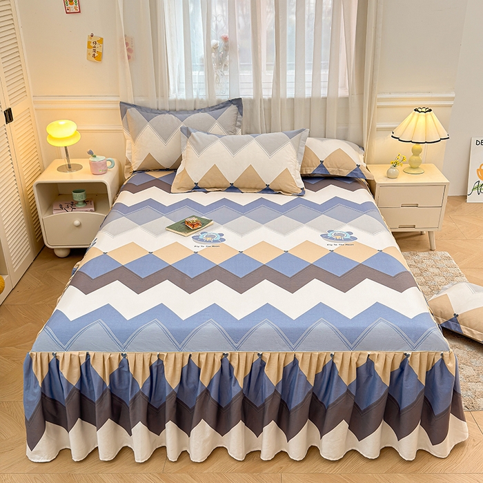 91家纺网 家纺一手货源 找家纺 名优家纺 2026新款12868全棉小清新印花四件套单品系列-床裙三件套 几何飞船