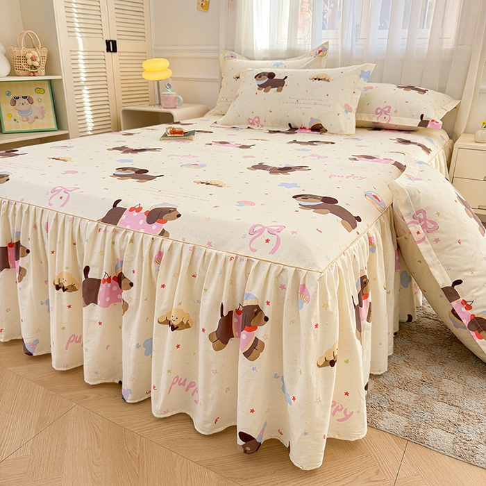 名优家纺 2026新款12868全棉小清新印花四件套单品系列-床裙三件套 困困腊肠狗