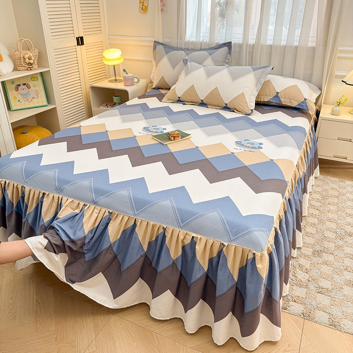 91家纺网 家纺一手货源 找家纺 名优家纺 2026新款12868全棉小清新印花四件套单品系列-床裙三件套 几何飞船