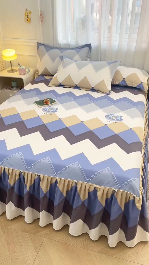 91家纺网 家纺一手货源 找家纺 名优家纺 2026新款12868全棉小清新印花四件套单品系列-床裙三件套 几何飞船