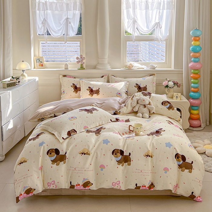 91家纺网 家纺一手货源 找家纺 名优家纺 2026新款12868全棉小清新印花四件套单品系列-单被套 困困腊肠狗