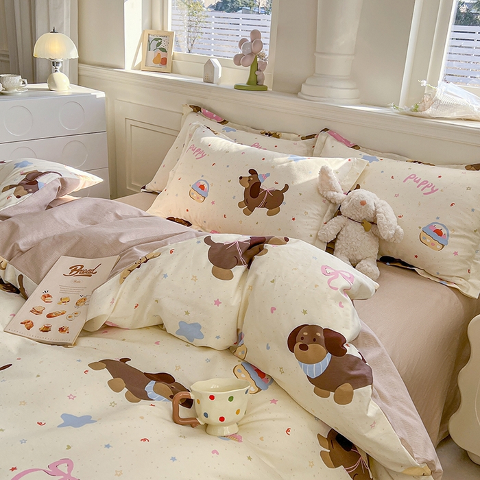 91家纺网 家纺一手货源 找家纺 名优家纺 2026新款12868全棉小清新印花四件套单品系列-单被套 困困腊肠狗