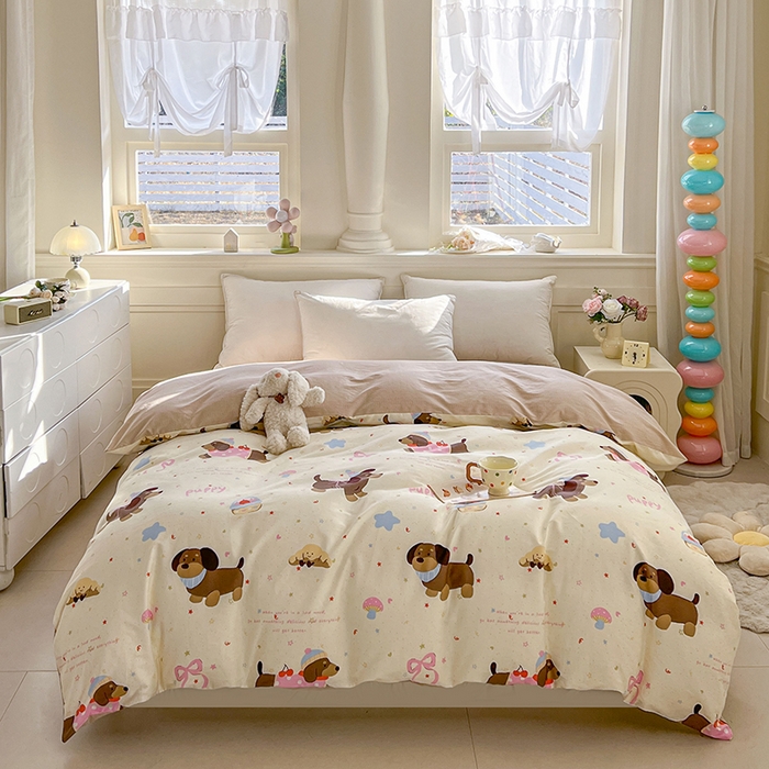 名优家纺 2026新款12868全棉小清新印花四件套单品系列-单被套 困困腊肠狗