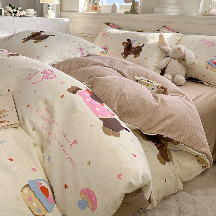 名优家纺 2026新款12868全棉小清新印花四件套单品系列-四件套 困困腊肠狗