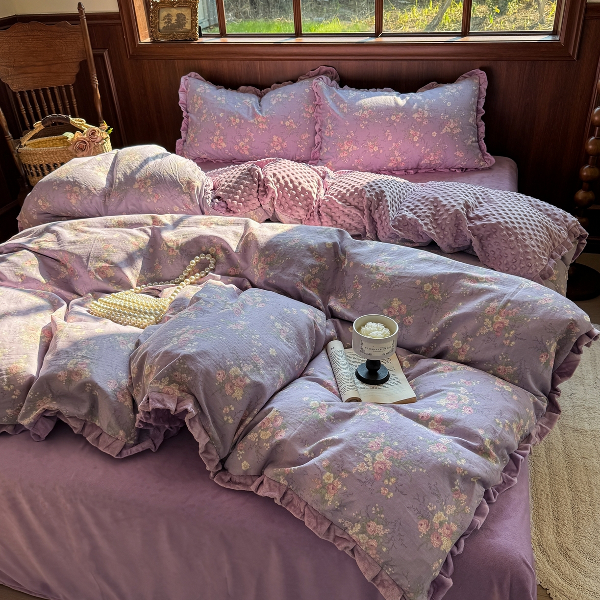 黛馨 2025秋冬新款棉加绒全棉双层纱宝宝绒工艺款花边四件套-花边款 豆蔻-花边款