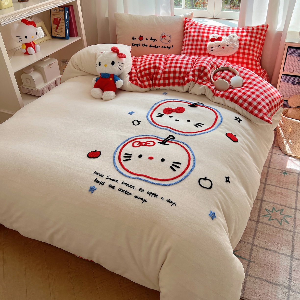 91家纺网 家纺一手货源 找家纺 桃喜 2025新款猫咪毛巾绣四件套 红格线条猫