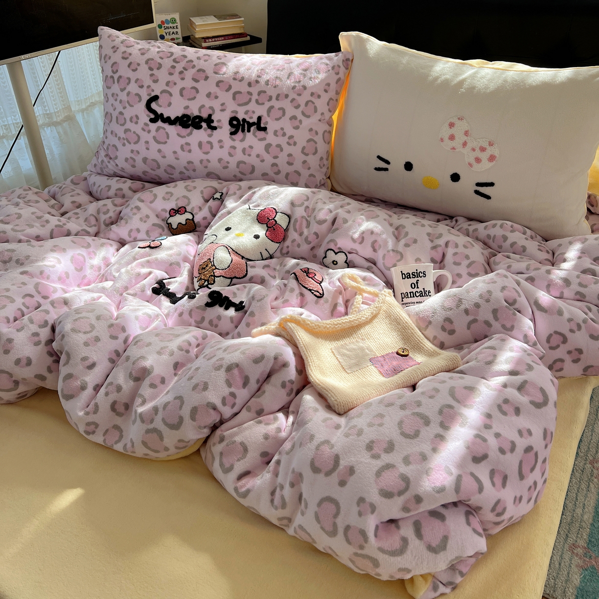 91家纺网 家纺一手货源 找家纺 桃喜 2025新款猫咪毛巾绣四件套 小猫豹纹粉